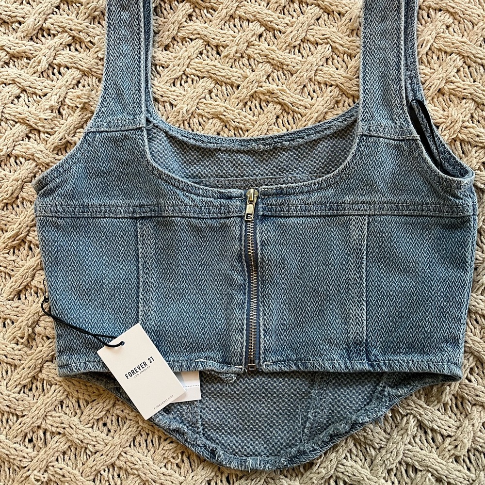 NEW 2pc Forever 21 Denim Crop Top & Skirt Chevron pattern Med Denim Small Medium - Picture 7 of 16